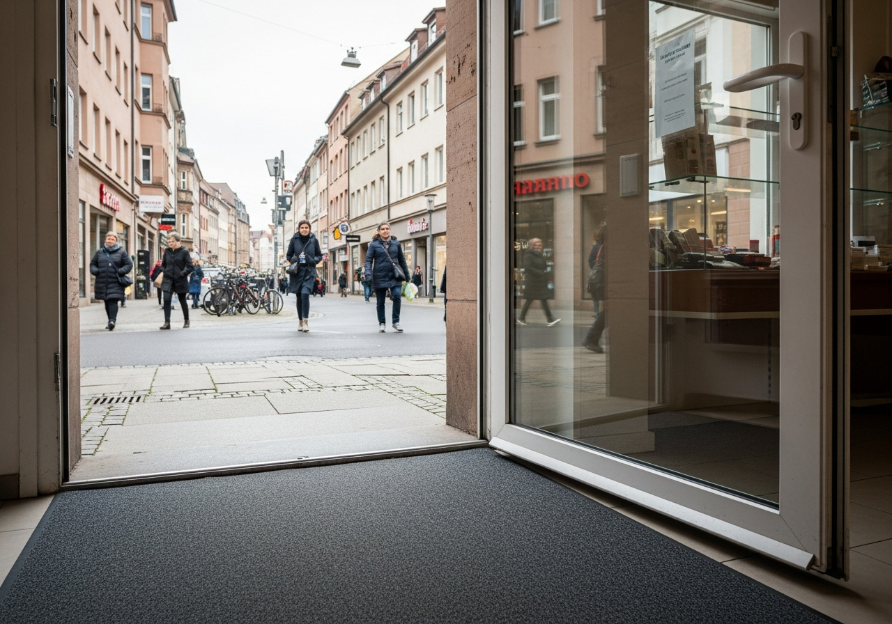 Belebte Straße im Nürnberger Stadtteil Südstadt mit Fokus auf einen sauberen Eingang
