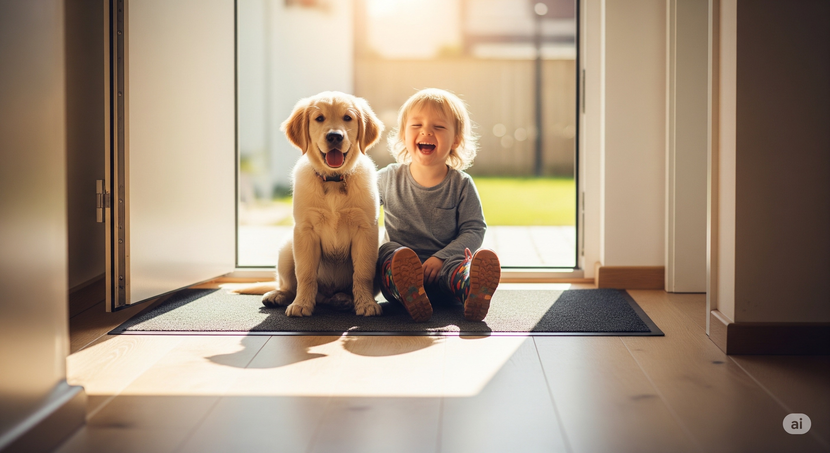 Kind und Hund spielen in einem sauberen Wohnzimmer