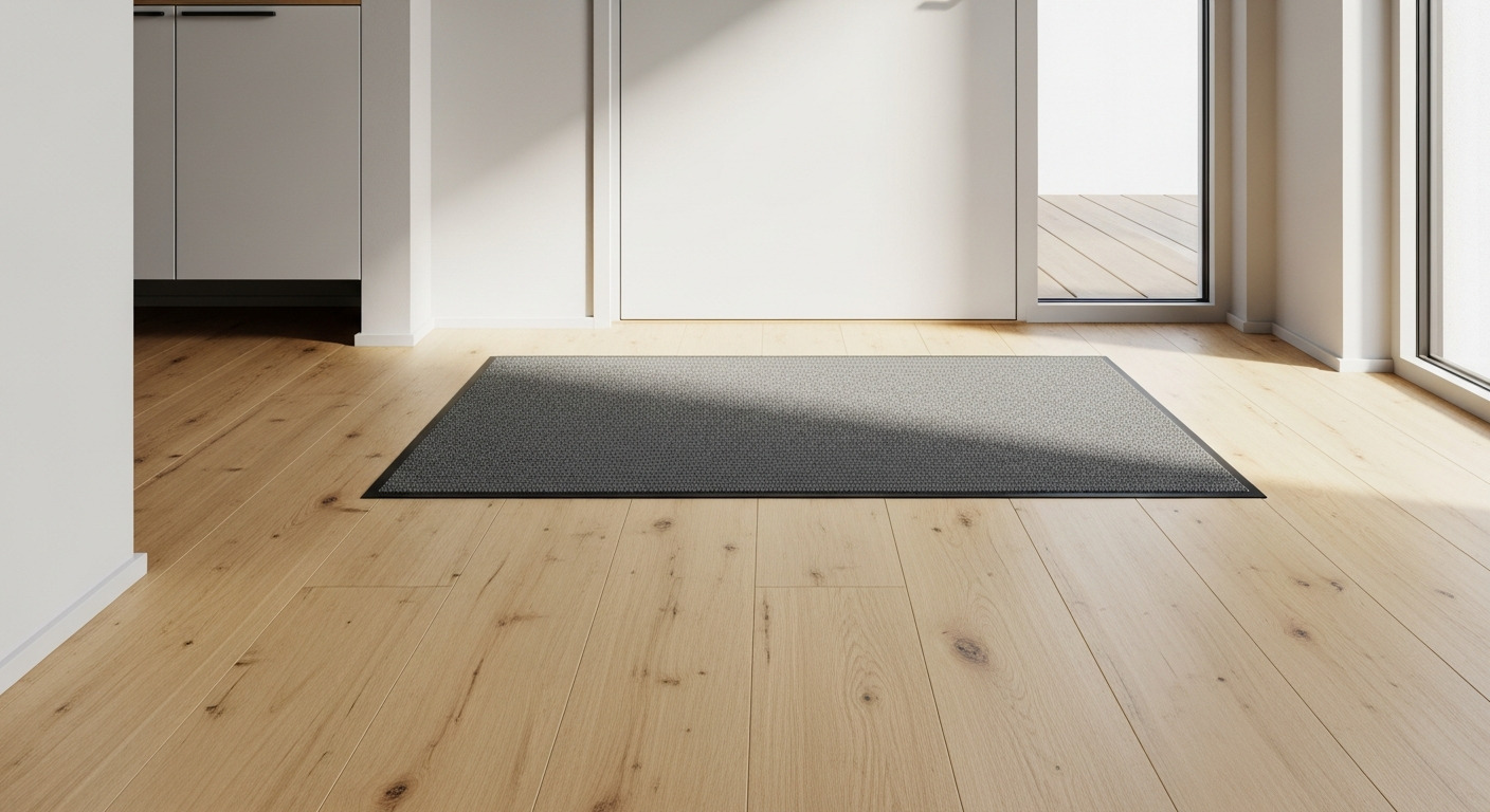 Ein sauberer Parkettboden, der durch eine professionelle Schmutzfangmatte geschützt wird