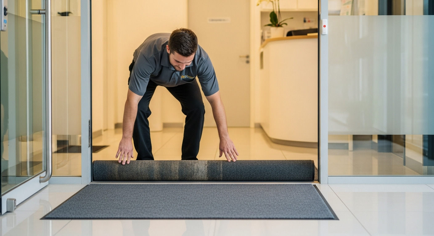 Ein Servicemitarbeiter tauscht eine Schmutzfangmatte im Eingangsbereich aus