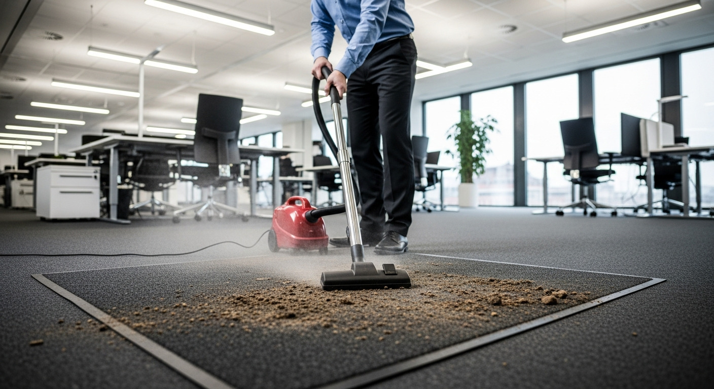 Ein Mitarbeiter reinigt ineffizient eine Schmutzfangmatte im Büro