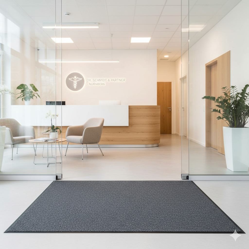 Moderner und sauberer Eingangsbereich einer Arztpraxis in Nürnberg mit professioneller Schmutzfangmatte