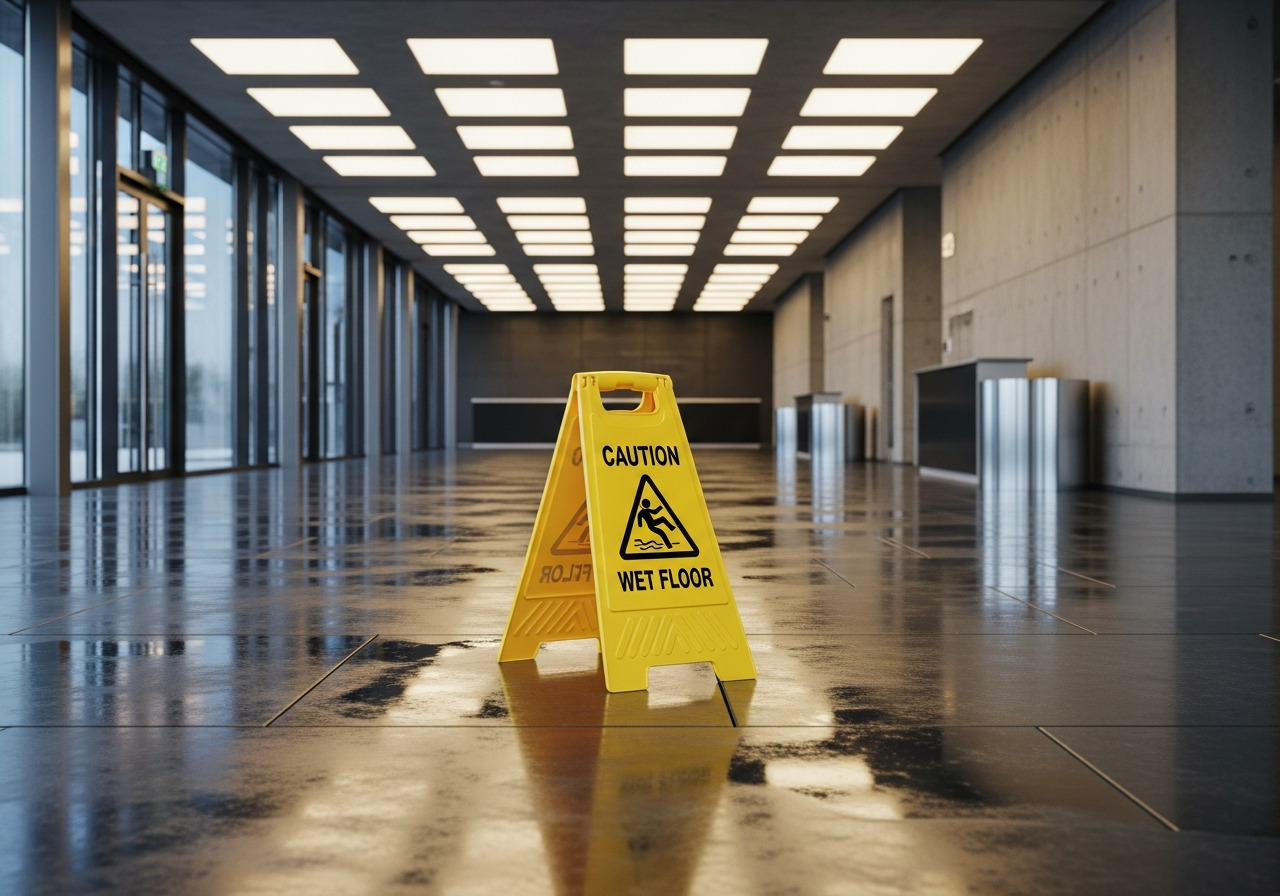 Ein Warnschild für Rutschgefahr steht auf einem nassen Boden im Eingangsbereich