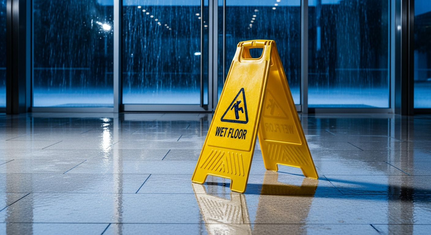 Ein Warnschild für Rutschgefahr steht auf einem nassen Boden im Eingangsbereich
